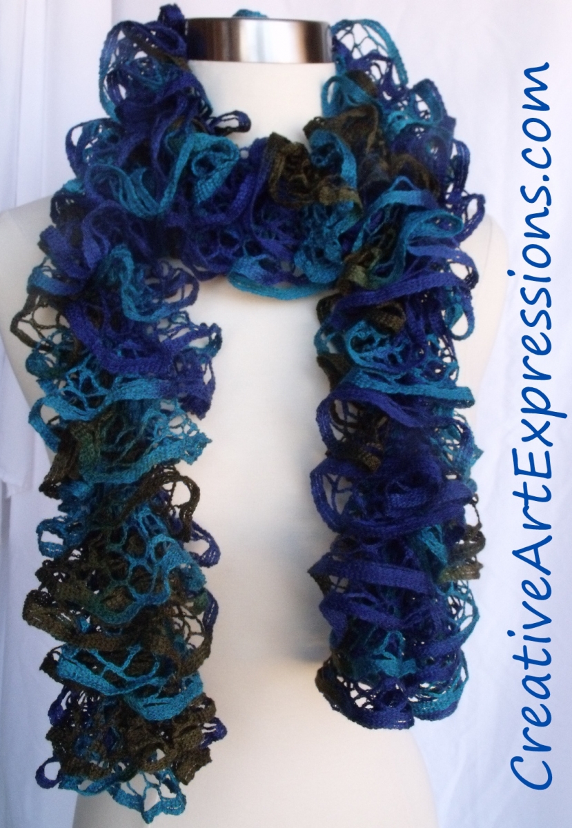 Creative Art Expressions Hand Knit Blue & Green Ruffle Scarf